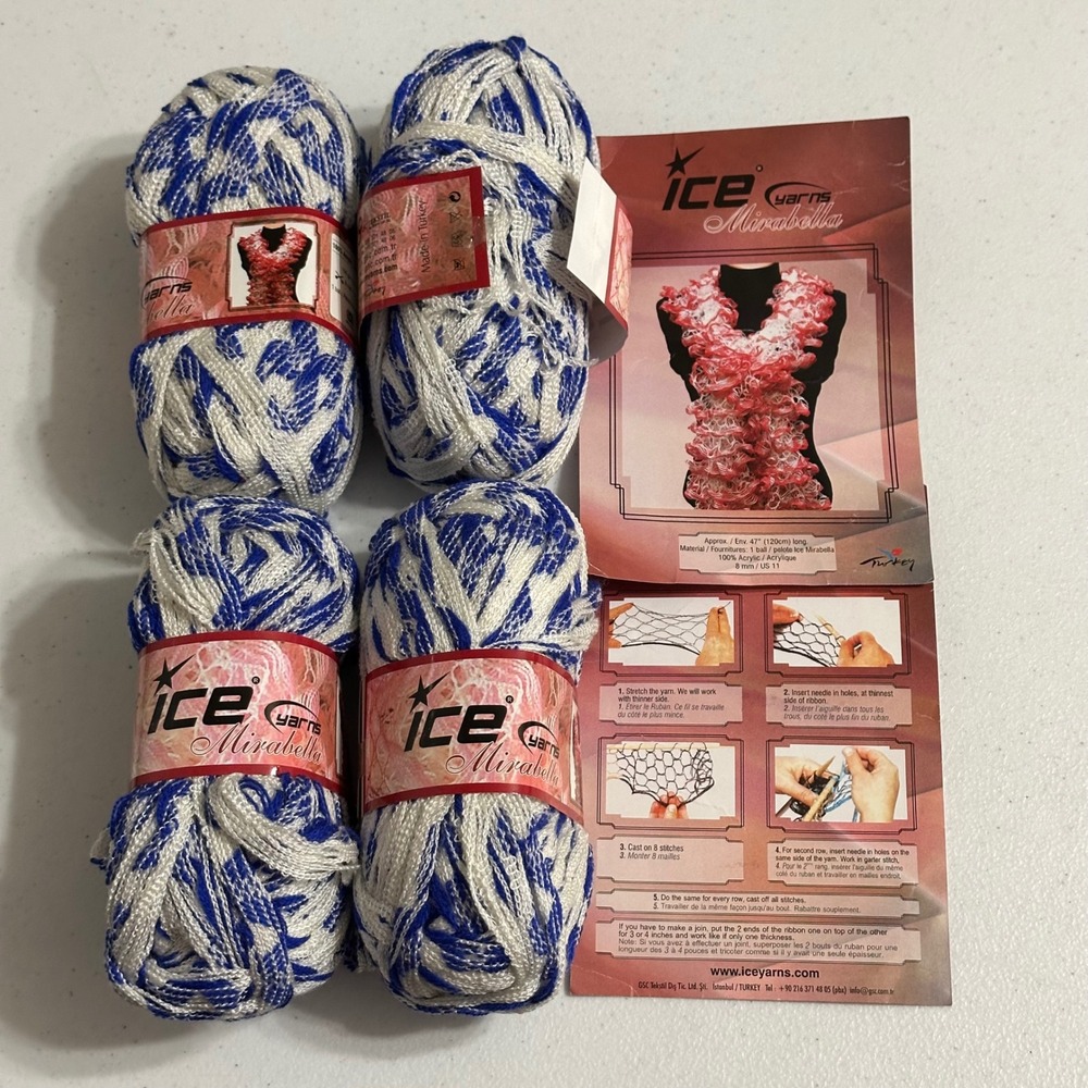 Ice Yarns Mirabella Ribbon Mesh Yarn Acrylic Super Bulky Blue White New 30m 4pk